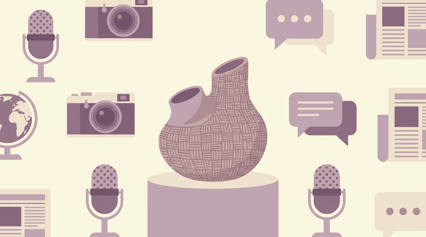 Handcrafted product surrounded by media icons